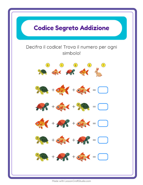 Anteprima della scheda di Addizione Codificata con Animali domestici per Scuola dell'infanzia (5-7 anni)