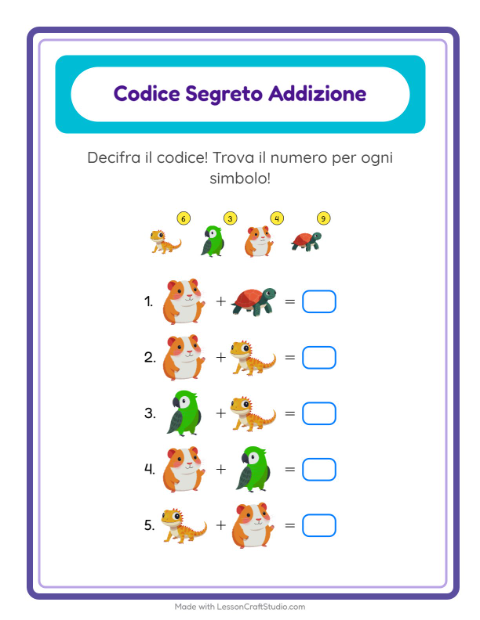 Anteprima della scheda di Addizione Codificata con Animali domestici per Scuola dell'infanzia (5-7 anni)
