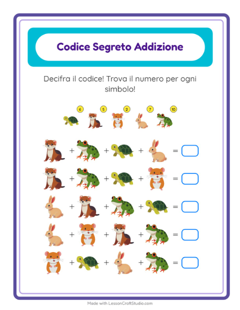 Anteprima della scheda di Addizione Codificata con Animali domestici per Scuola dell'infanzia (5-7 anni)