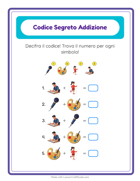 Anteprima della scheda di Addizione Codificata con Attività per Scuola dell'infanzia (5-7 anni)