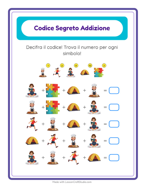 Anteprima della scheda di Addizione Codificata con Attività per Scuola dell'infanzia (5-7 anni)
