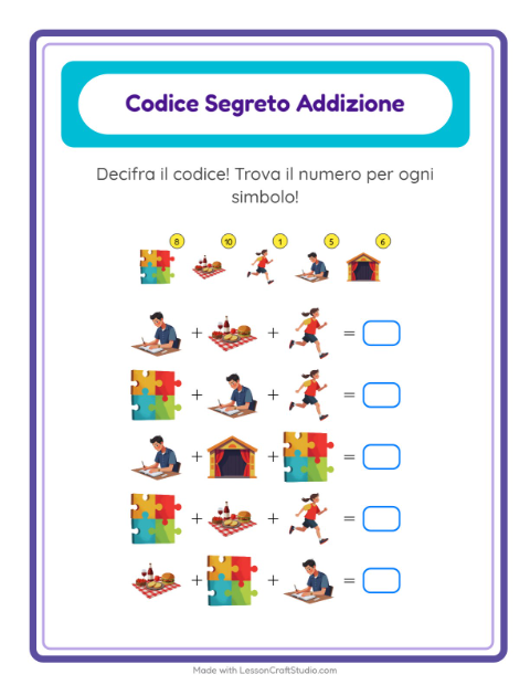 Anteprima della scheda di Addizione Codificata con Attività per Scuola dell'infanzia (5-7 anni)