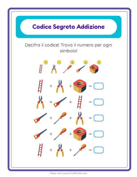 Anteprima della scheda di Addizione Codificata con Attrezzi per Scuola dell'infanzia (5-7 anni)