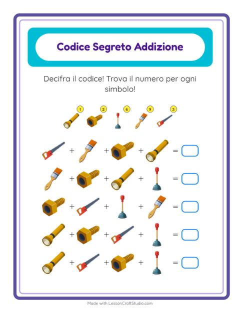 Anteprima della scheda di Addizione Codificata con Attrezzi per Scuola dell'infanzia (5-7 anni)