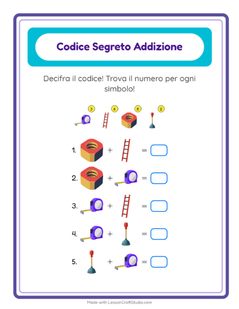 Anteprima della scheda di Addizione Codificata con Attrezzi per Scuola dell'infanzia (5-7 anni)