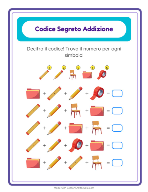 Anteprima della scheda di Addizione Codificata con Aula per Scuola dell'infanzia (5-7 anni)