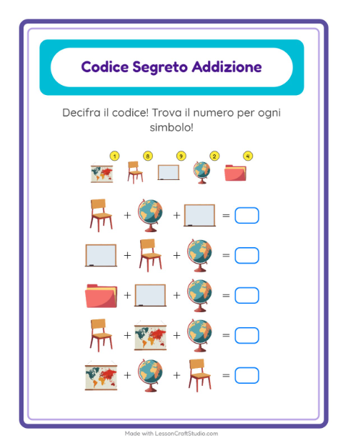 Anteprima della scheda di Addizione Codificata con Aula per Scuola dell'infanzia (5-7 anni)