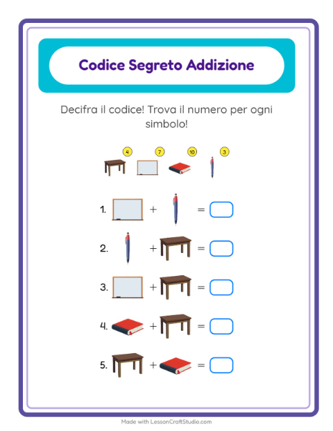 Anteprima della scheda di Addizione Codificata con Aula per Scuola dell'infanzia (5-7 anni)