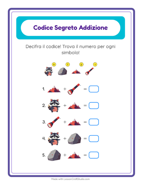 Anteprima della scheda di Addizione Codificata con Campeggio per Scuola dell'infanzia (5-7 anni)