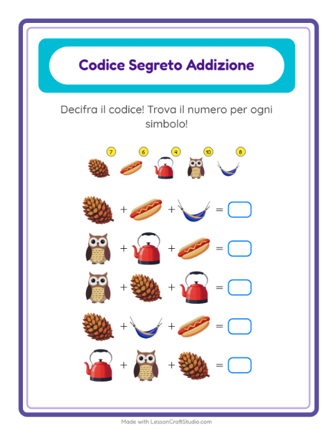 Anteprima della scheda di Addizione Codificata con Campeggio per Scuola dell'infanzia (5-7 anni)