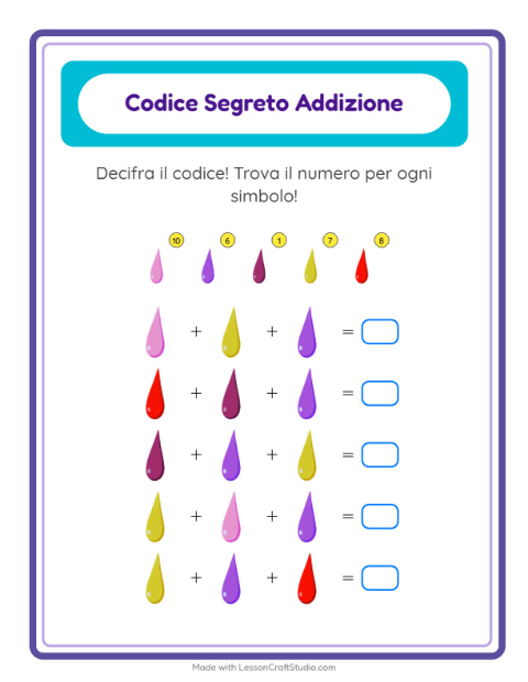 Anteprima della scheda di Addizione Codificata con Colori per Scuola dell'infanzia (5-7 anni)