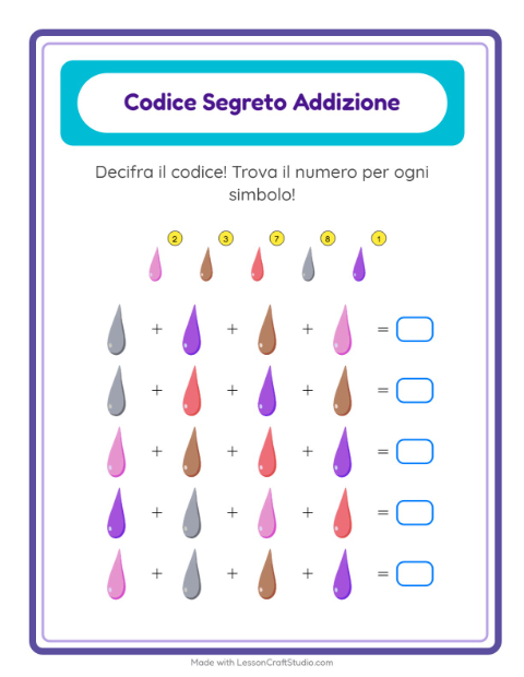 Anteprima della scheda di Addizione Codificata con Colori per Scuola dell'infanzia (5-7 anni)