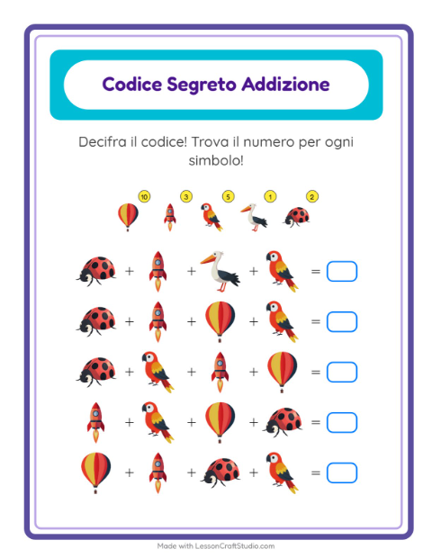 Anteprima della scheda di Addizione Codificata con Cose che volano per Scuola dell'infanzia (5-7 anni)