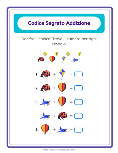 Anteprima della scheda di Addizione Codificata con Cose che volano per Scuola dell'infanzia (5-7 anni)