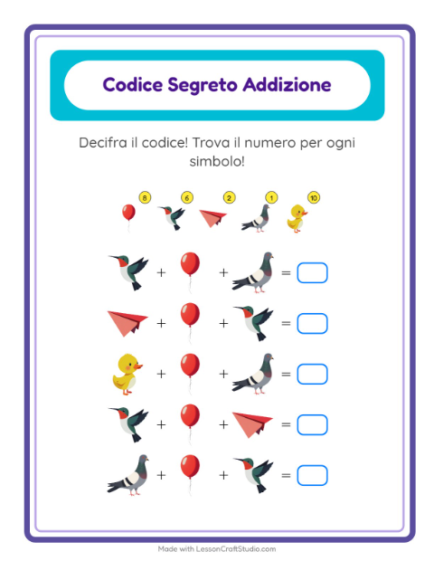 Anteprima della scheda di Addizione Codificata con Cose che volano per Scuola dell'infanzia (5-7 anni)