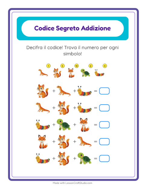 Anteprima della scheda di Addizione Codificata con Creature della foresta per Scuola dell'infanzia (5-7 anni)