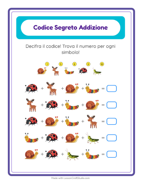Anteprima della scheda di Addizione Codificata con Creature della foresta per Scuola dell'infanzia (5-7 anni)