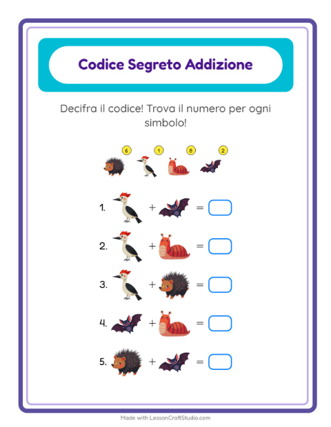 Anteprima della scheda di Addizione Codificata con Creature della foresta per Scuola dell'infanzia (5-7 anni)