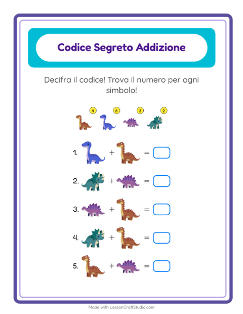 Anteprima della scheda di Addizione Codificata con Dinosauri per Scuola dell'infanzia (5-7 anni)