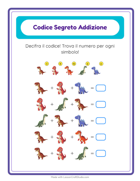Anteprima della scheda di Addizione Codificata con Dinosauri per Scuola dell'infanzia (5-7 anni)