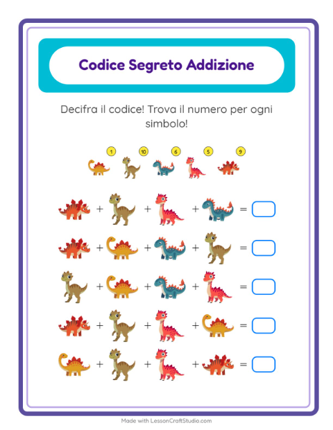 Anteprima della scheda di Addizione Codificata con Dinosauri per Scuola dell'infanzia (5-7 anni)