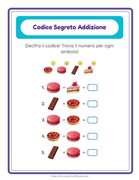 Anteprima della scheda di Addizione Codificata con Dolci e dolciumi per Scuola dell'infanzia (5-7 anni)