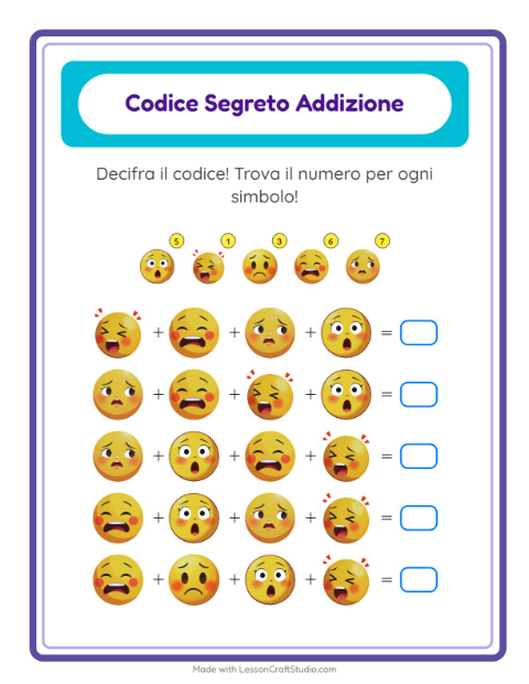Anteprima della scheda di Addizione Codificata con Emozioni per Scuola dell'infanzia (5-7 anni)