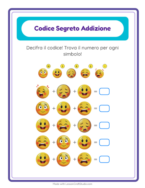 Anteprima della scheda di Addizione Codificata con Emozioni per Scuola dell'infanzia (5-7 anni)