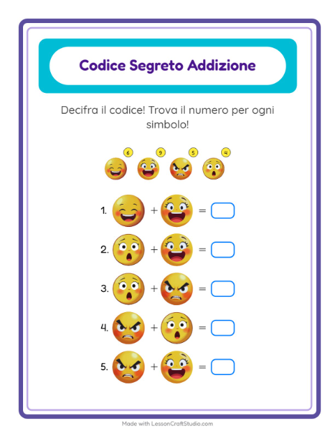Anteprima della scheda di Addizione Codificata con Emozioni per Scuola dell'infanzia (5-7 anni)