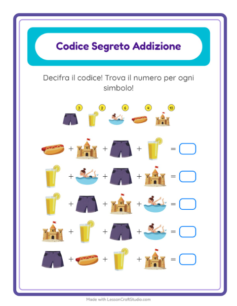 Anteprima della scheda di Addizione Codificata con Estate per Scuola dell'infanzia (5-7 anni)