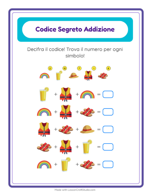 Anteprima della scheda di Addizione Codificata con Estate per Scuola dell'infanzia (5-7 anni)