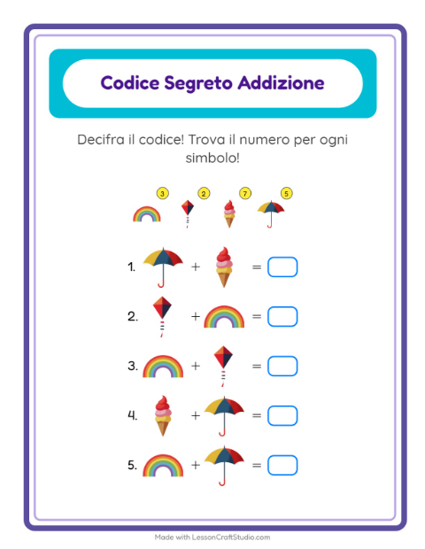 Anteprima della scheda di Addizione Codificata con Estate per Scuola dell'infanzia (5-7 anni)