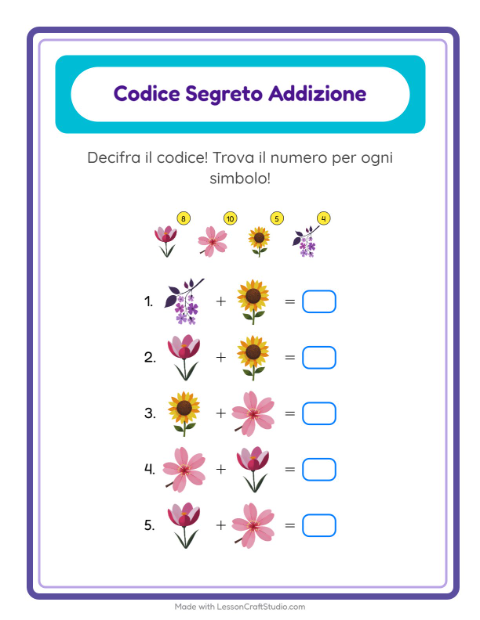 Anteprima della scheda di Addizione Codificata con Fiori per Scuola dell'infanzia (5-7 anni)