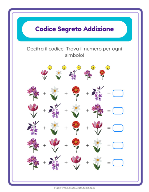 Anteprima della scheda di Addizione Codificata con Fiori per Scuola dell'infanzia (5-7 anni)