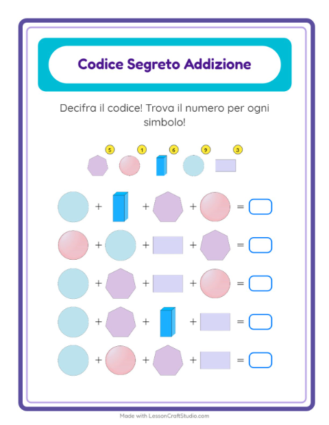 Anteprima della scheda di Addizione Codificata con Forme per Scuola dell'infanzia (5-7 anni)