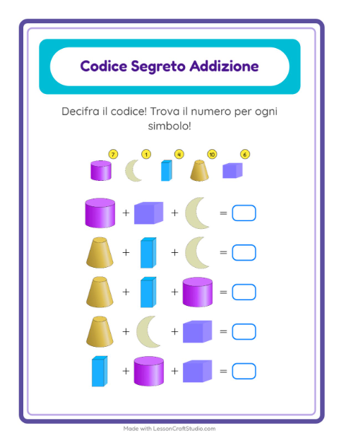 Anteprima della scheda di Addizione Codificata con Forme per Scuola dell'infanzia (5-7 anni)