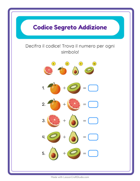 Anteprima della scheda di Addizione Codificata con Frutta per Scuola dell'infanzia (5-7 anni)