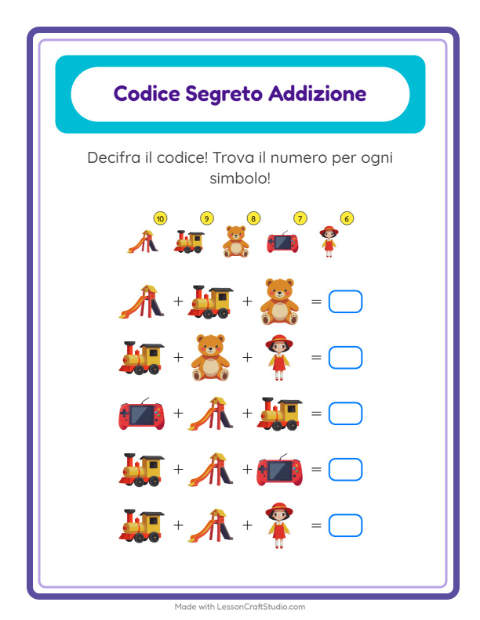 Anteprima della scheda di Addizione Codificata con Giocattoli per Scuola dell'infanzia (5-7 anni)