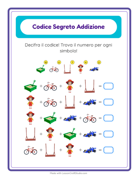 Anteprima della scheda di Addizione Codificata con Giocattoli per Scuola dell'infanzia (5-7 anni)