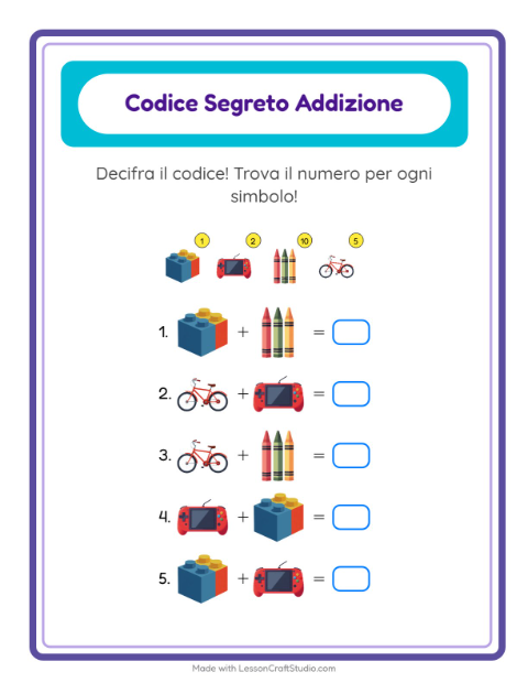 Anteprima della scheda di Addizione Codificata con Giocattoli per Scuola dell'infanzia (5-7 anni)