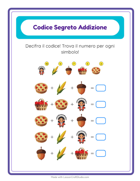Anteprima della scheda di Addizione Codificata con Giorno del Ringraziamento per Scuola dell'infanzia (5-7 anni)