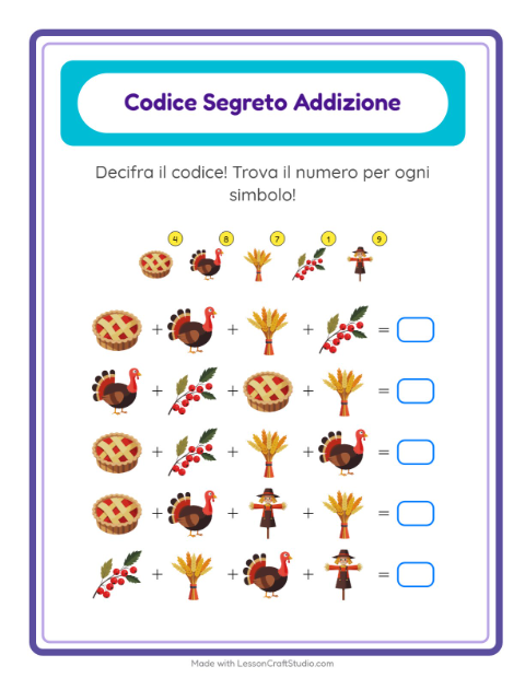 Anteprima della scheda di Addizione Codificata con Giorno del Ringraziamento per Scuola dell'infanzia (5-7 anni)