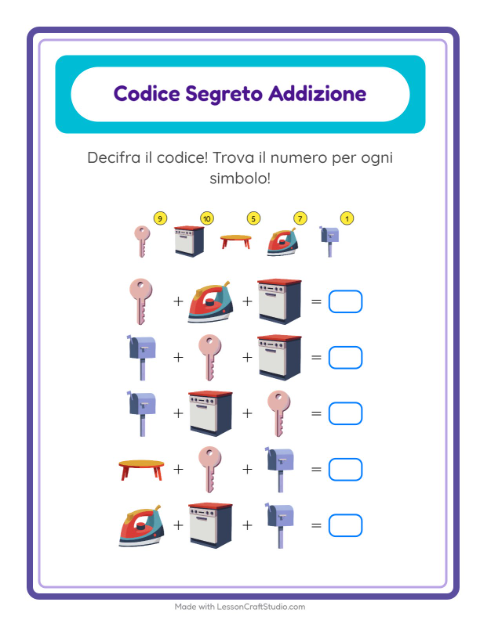 Anteprima della scheda di Addizione Codificata con In giro per casa per Scuola dell'infanzia (5-7 anni)