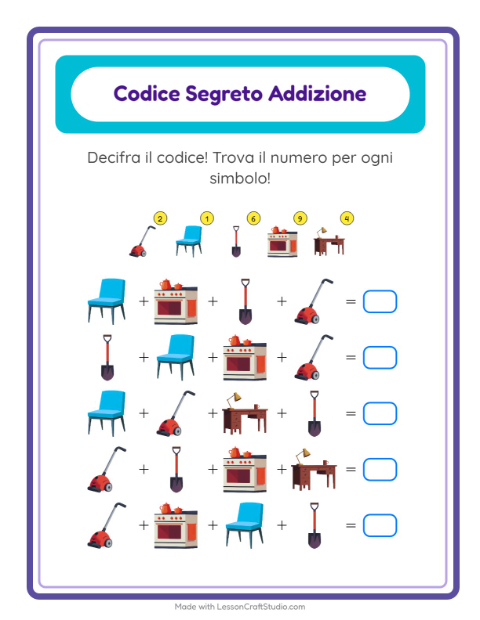 Anteprima della scheda di Addizione Codificata con In giro per casa per Scuola dell'infanzia (5-7 anni)