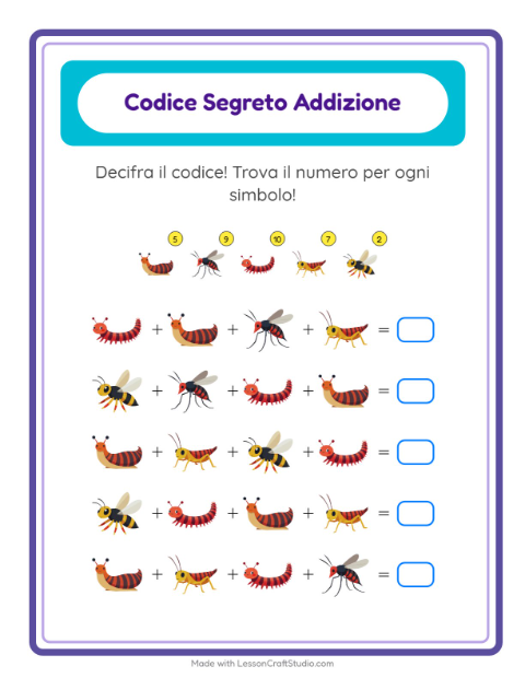 Anteprima della scheda di Addizione Codificata con Insetti e scarafaggi per Scuola dell'infanzia (5-7 anni)