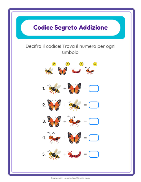 Anteprima della scheda di Addizione Codificata con Insetti e scarafaggi per Scuola dell'infanzia (5-7 anni)