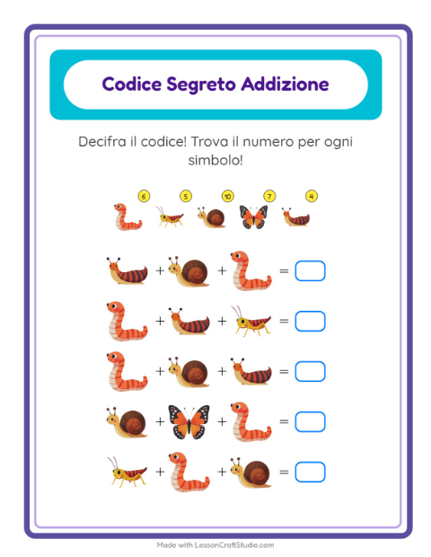 Anteprima della scheda di Addizione Codificata con Insetti e scarafaggi per Scuola dell'infanzia (5-7 anni)
