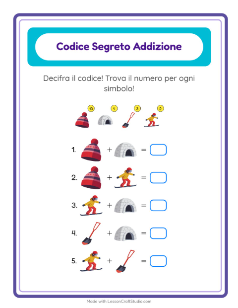 Anteprima della scheda di Addizione Codificata con Inverno per Scuola dell'infanzia (5-7 anni)