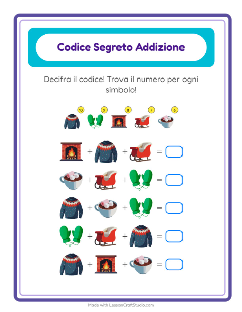Anteprima della scheda di Addizione Codificata con Inverno per Scuola dell'infanzia (5-7 anni)