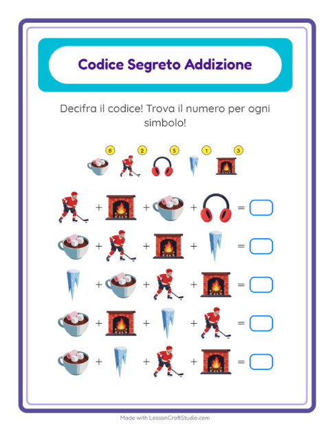 Anteprima della scheda di Addizione Codificata con Inverno per Scuola dell'infanzia (5-7 anni)